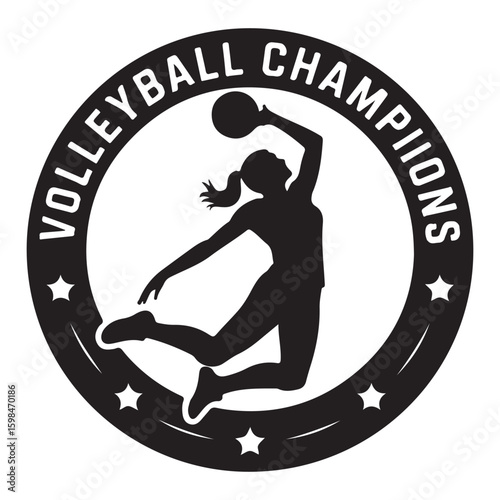 Volleyball champions logo featuring a silhouette of a female player spiking the ball in black and white