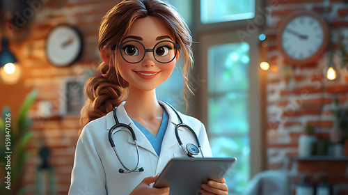 Smiling Cartoon Doctor Using Tablet Computer in Clinic Office