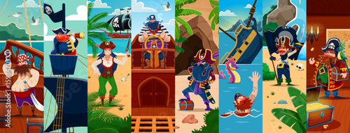 Cartoon pirate and corsair captain and skipper, sailor and boatswain characters collage. Man and woman pirates vector personages wearing costumes, hats and bandanas at old ship and treasure island