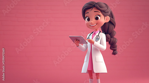 Adorable Cartoon Doctor Girl Using Tablet Against Pink Brick Wall