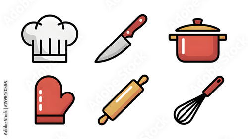 Chef hat, knife, pot, oven glove, rolling pin, and whisk are cooking essentials shown here