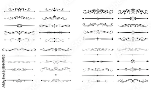 Vintage decorative divider elements set with ornate swirls and calligraphic flourishes for design and decoration
