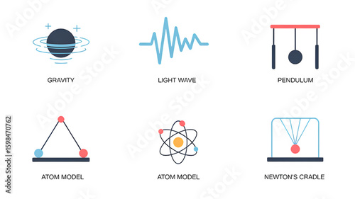 Illustrations of physics concepts: gravity, light wave, pendulum, and atom models physics demonstrations