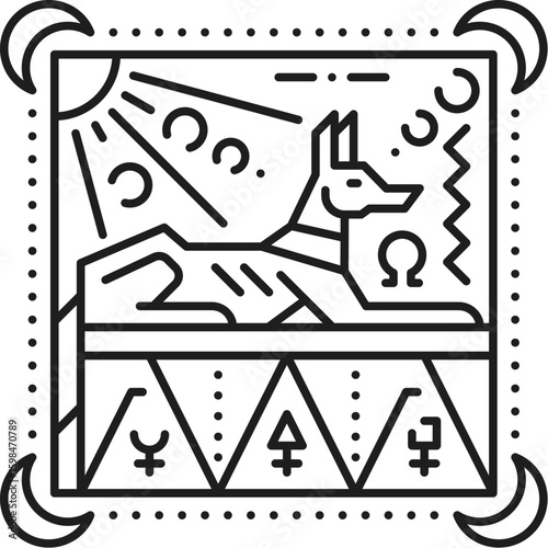 Egyptian jackal or dog esoteric line tattoo or print. Egypt history tarot lineart vector symbol, Africa civilization sacred thin line print. Ancient culture esoteric sign with desert jackal animal
