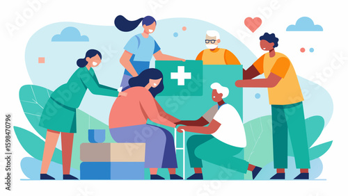 A group of longterm patients come together to create a large installation art piece for the hospital lobby showcasing their resilience and strength. Vector illustration