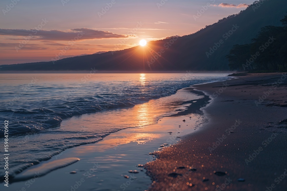 Naklejka premium Morning Glow on the Tranquil Shoreline at Sunrise