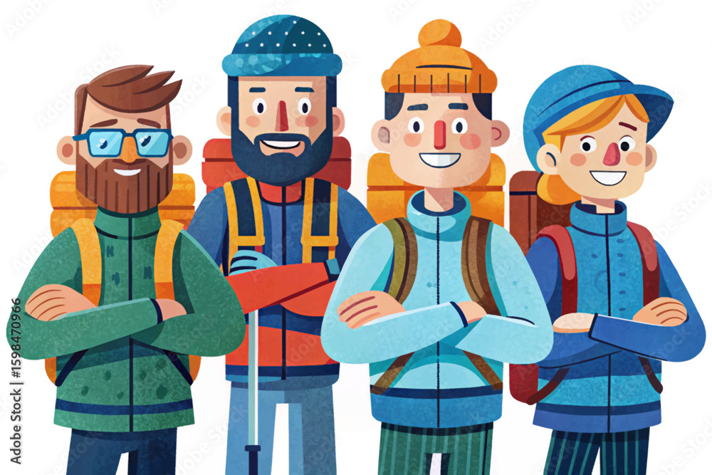 Naklejka premium set of mountaineers standing with arms crossed and smiling. Climber characters in hiking gear, outdoor adventure concept, isolated on white background illustration