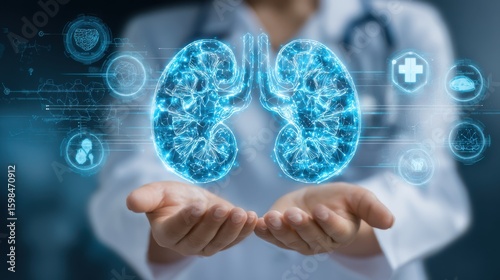 A healthcare expert demonstrates a glowing holographic model of kidneys, highlighting their importance in the human body and connections to medical technology and health monitoring
