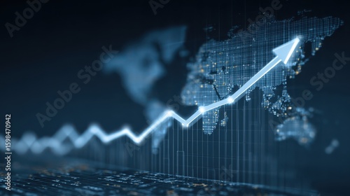This graphic presents a digital representation of global economic growth trends with a clear upward arrow. The world map serves as a backdrop to illustrate international data