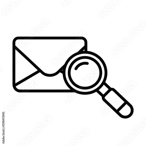 Envelope with a magnifying glass for searching information on a transparent background, minimalist design, black and white
