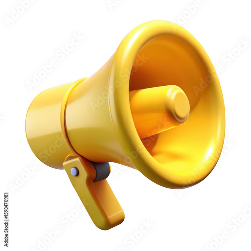 3d yellow megaphone announcement device isolated on transparent background