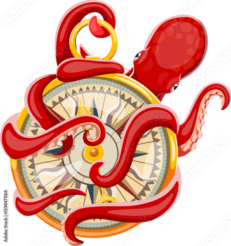 Cartoon giant kraken octopus with sea compass in tentacles. Vintage ocean cthulhu, marine monster vector icon of nautical emblem, sailor or pirate tattoo. Navy badge or evil red kraken octopus animal