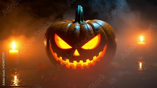 Glowing carved pumpkin with menacing face surrounded by smoke in dark setting. Halloween jack-o'-lantern with candle light inside. Halloween celebration and spooky decoration concept.
