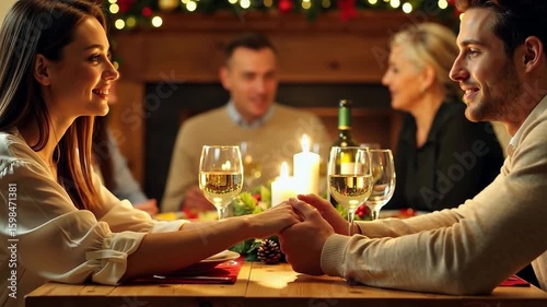 Family holding hands in prayer at festive dinner table with candles, wine, and holiday decorations. Fireplace and garland in cozy home interior. Christmas or Thanksgiving gathering and gratitude