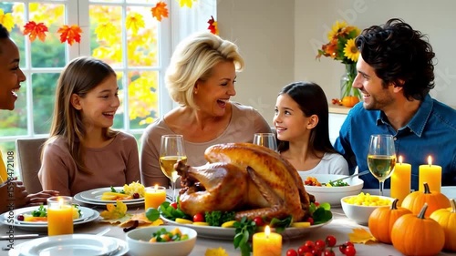 Family sitting at festive dining table with roasted turkey and autumn decorations near window. Multigenerational gathering in cozy home. Thanksgiving dinner and fall celebration concept. Design