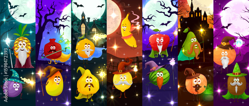 Cartoon Halloween wizard, mage and sorcerer fruit characters collage. Vector magical pineapple, plum, avocado and garnet. Orange, quince, lemon or banana, watermelon, apple and pear at spooky backdrop