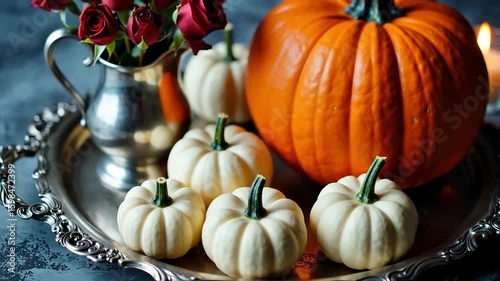 Group of orange pumpkins and pine cones arranged on table in sunlight. Autumn still life with seasonal harvest elements. Thanksgiving and fall celebration concept. Design for postcard, greeting card