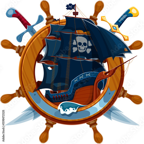 Cartoon pirate sail ship with steering wheel and crossed sabres vector icon, navy heraldic badge and corsair sailor tattoo. Medieval sailboat with black sails, jolly roger skull and crossbones flags
