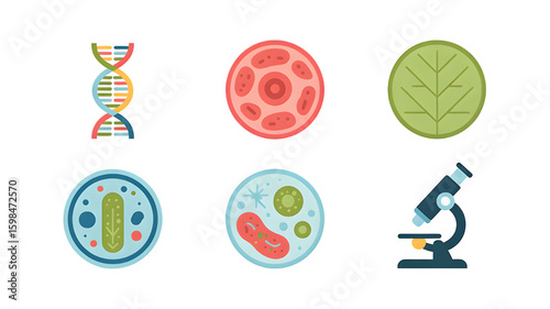 Scientific cell biology and microbiology icons featuring DNA, blood cells, and microscope