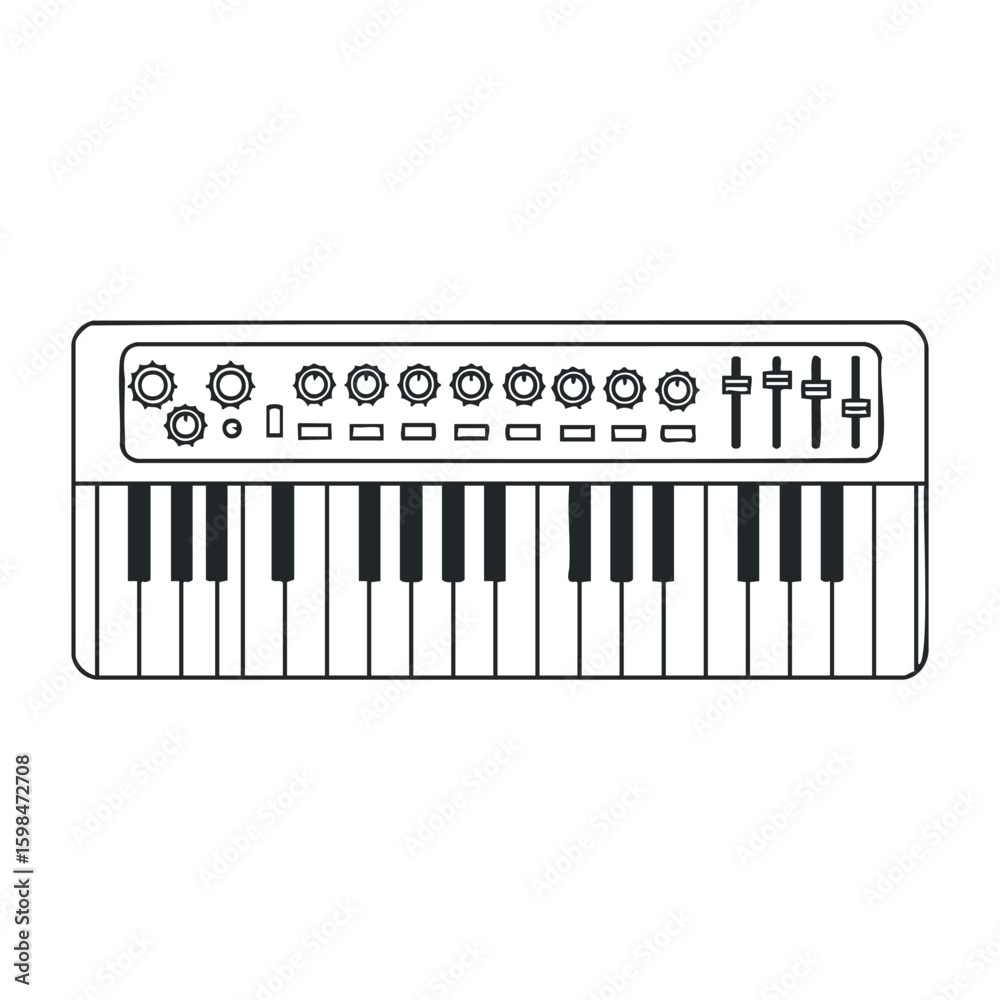 Digital synthesizer keyboard with control knobs and faders. Vector illustration Digital synthesizer keyboard with control knobs and faders. Vector illustration