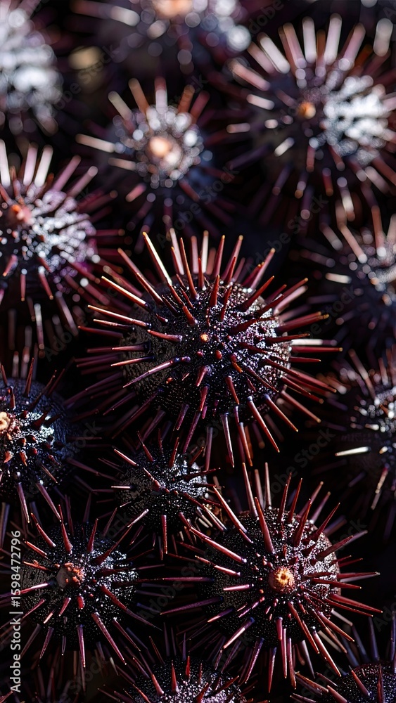 Close Up of Sea Urchin Spines Displaying Intricate Detail with Purple Hues and Fine Shadows Close Up of Sea Urchin Spines Displaying Intricate Detail with Purple Hues and Fine Shadows