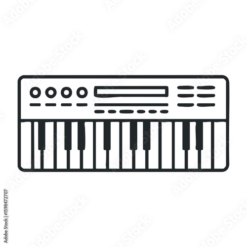 Digital music keyboard outline drawing with keys and buttons for musical design. Vector illustration