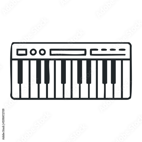 Black and white digital keyboard drawing with musical keys and buttons. Vector illustration