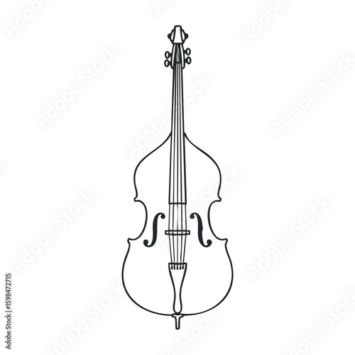 Black and white outline of a cello with detailed strings and scroll. Vector illustration