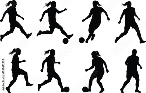 Vector art of a collection of female soccer player silhouettes in motion, isolated on white background