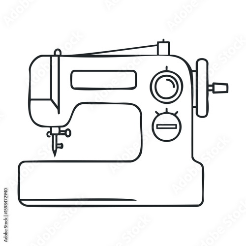 Black outline sewing machine illustration on white background for craft and fashion design. Vector illustration