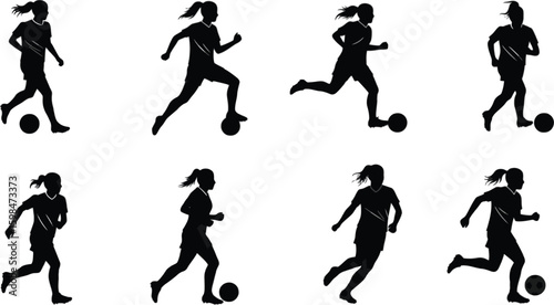 Vector art of silhouettes of female soccer players in action, isolated on white background, showcasing their athleticism and skill