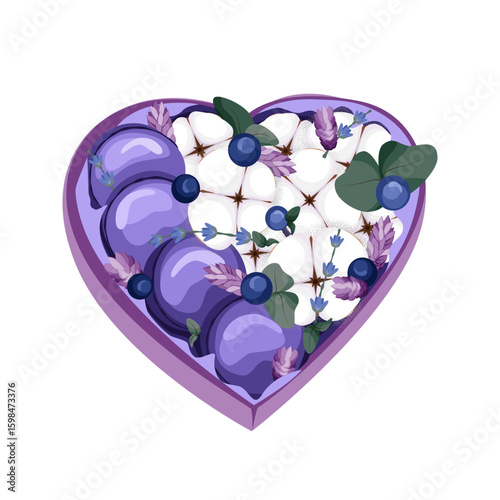 Holiday blossom box with sweets, berries and cotton plant. Original gift bouquet in heart shaped. Template for greeting card, poster. Valentine s Day or wedding sketch. Vector illustration
