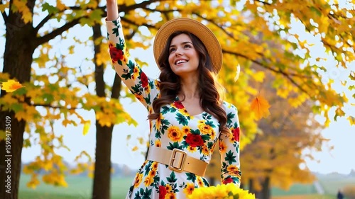 Woman wearing floral dress and hat standing outdoors among autumn trees with yellow leaves. Seasonal portrait in fall park. Autumn fashion and lifestyle concept. Design for postcard, banner 