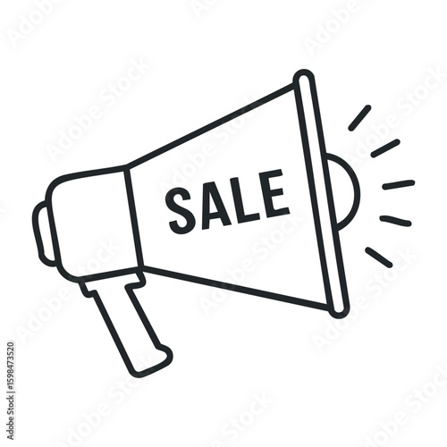 Simple black and white megaphone icon with sale text and sound lines. Vector illustration