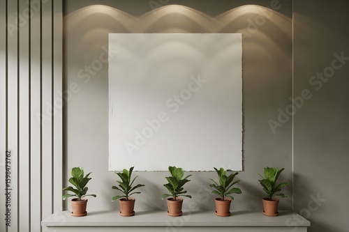 Minimalist interior design with potted plants and blank canvas home decor