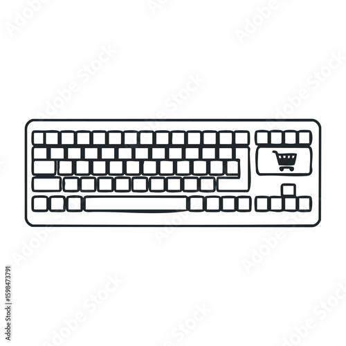 Outline drawing of computer keyboard with shopping cart key symbol. Vector illustration