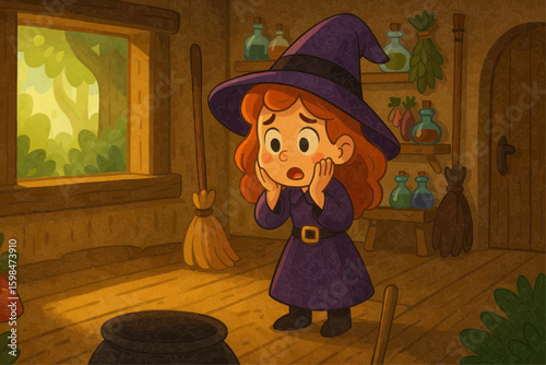 Surprised little red-haired witch in purple robe standing alone in her potion room, staring at the cauldron