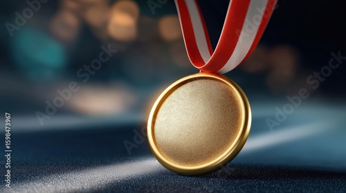 Olympic gold medal symbolizing victory, triumph, and first place, set against an abstract poster background, captured in high-resolution, realistic focus photography with natural color grading.