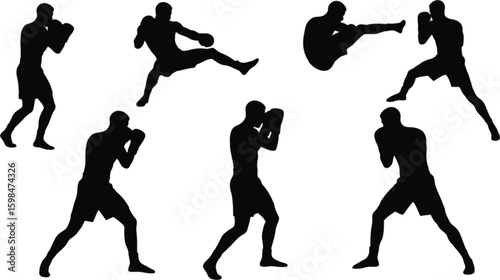 Vector art of a dynamic set of boxing silhouettes showcases various stances and movements isolated on white background