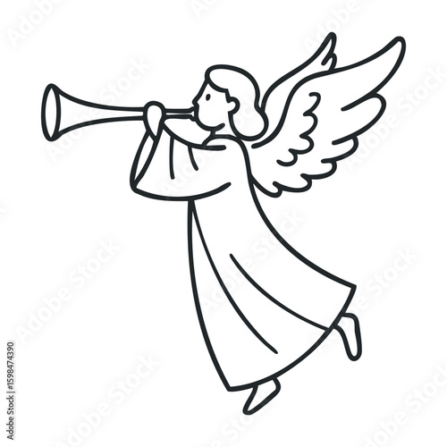 Line art angel with trumpet in flowing robe and wings. Vector illustration