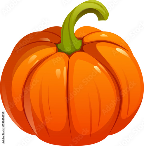 Bright orange cartoon pumpkin. Vector ripe gourd vegetable with a smooth, glossy surface and curved green stem, symbol of happy Thanksgiving holiday, seasonal autumn harvest and Halloween celebration