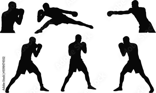 Vector art of a collection of boxing silhouettes in various poses captures the essence of the sport isolated on white background