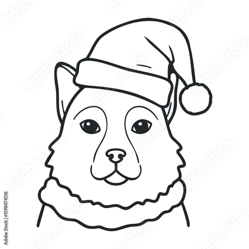 Festive dog in santa hat black and white line art. Vector illustration