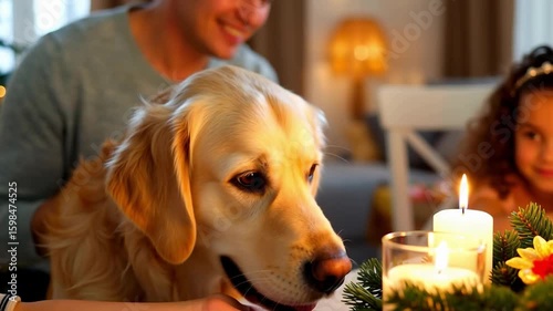 Golden retriever sitting at holiday dinner table with family. Lit candles and festive table setting in cozy home interior. Christmas or Thanksgiving family gathering concept. Design for postcard