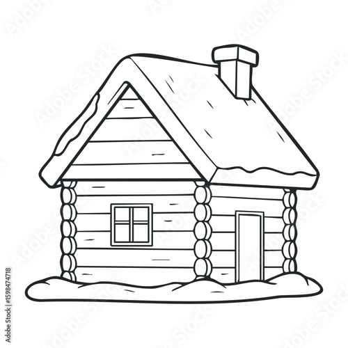 Simple winter cabin drawing with snowy roof and chimney in black and white. Vector illustration