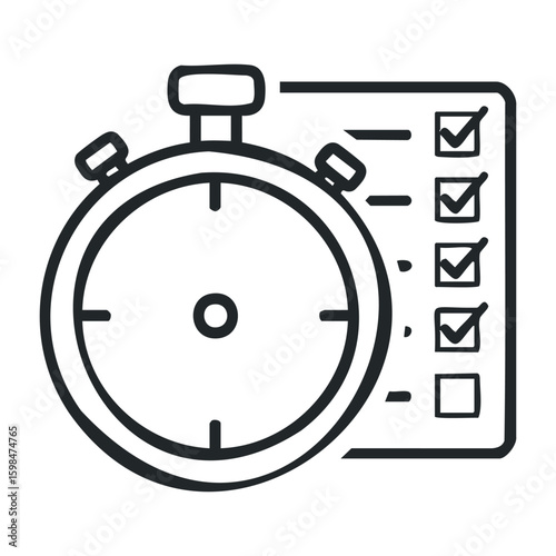 Stopwatch icon with checklist representing time management and task completion. Vector illustration