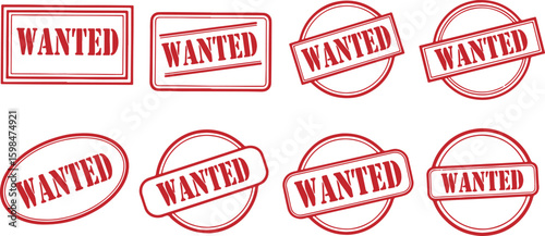 Collection of eight red wanted stamps on white background, wanted, stamp, red, grunge, vintage, retro, western, outlaw, criminal, law, justice, police, sheriff, bounty, reward, search, investigation, 
