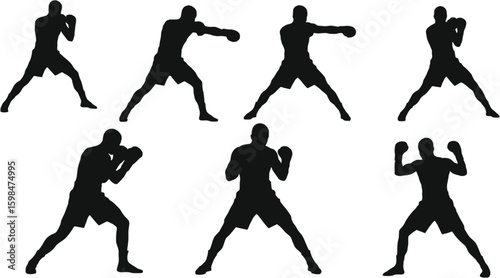 Vector art of a set of boxing silhouettes showcases various fighting positions and techniques isolated on white background