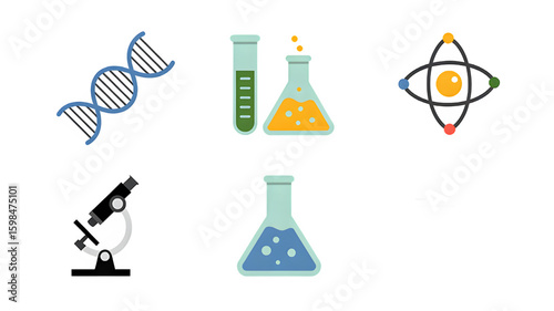 Science themed icons including DNA strand, beaker, test tube, atom and microscope