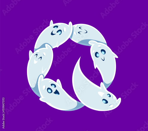 Halloween font Q letter ghost cartoon cute character. Horror phantom mascot English ABC symbol, scary creature character or creepy monster personage latin alphabet vector letter. Font typeset element